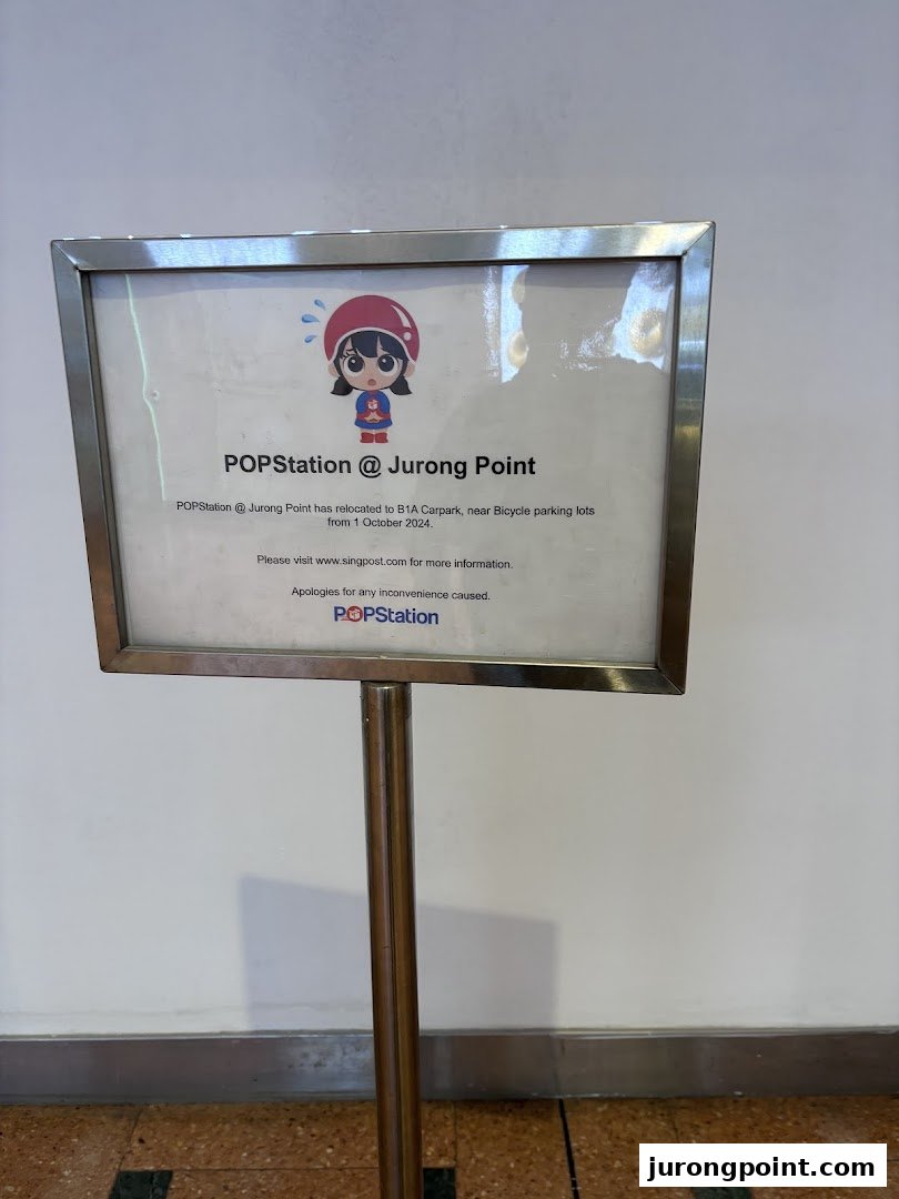A sign from POPStation @ Jurong Point announcing its relocation to B1A Carpark from October 2024.