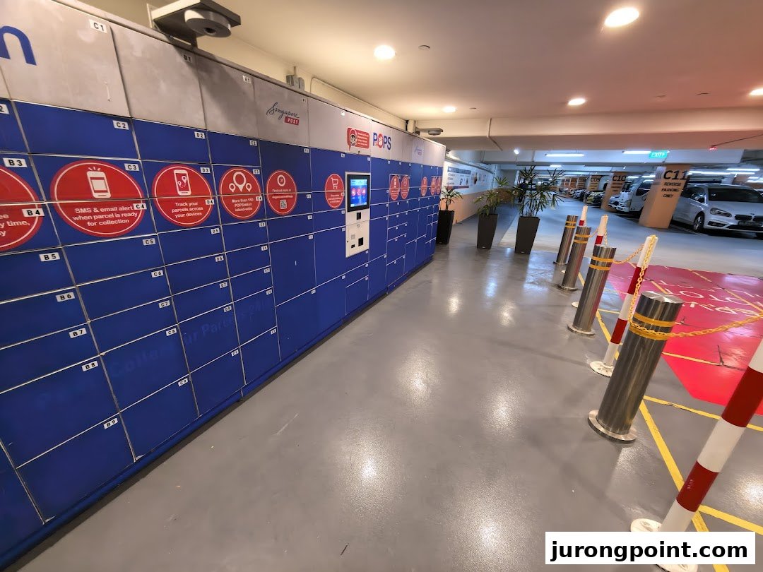 A long row of blue POPStation parcel lockers located in an underground parking area.