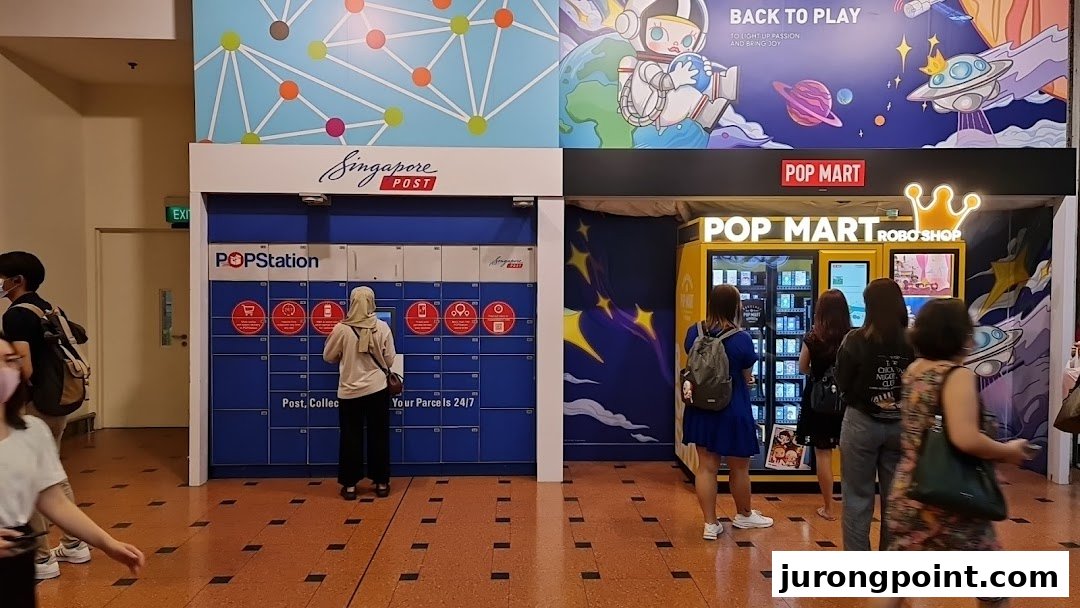 People interact with POPStation parcel lockers and POP MART Robo Shop vending machines in a mall.