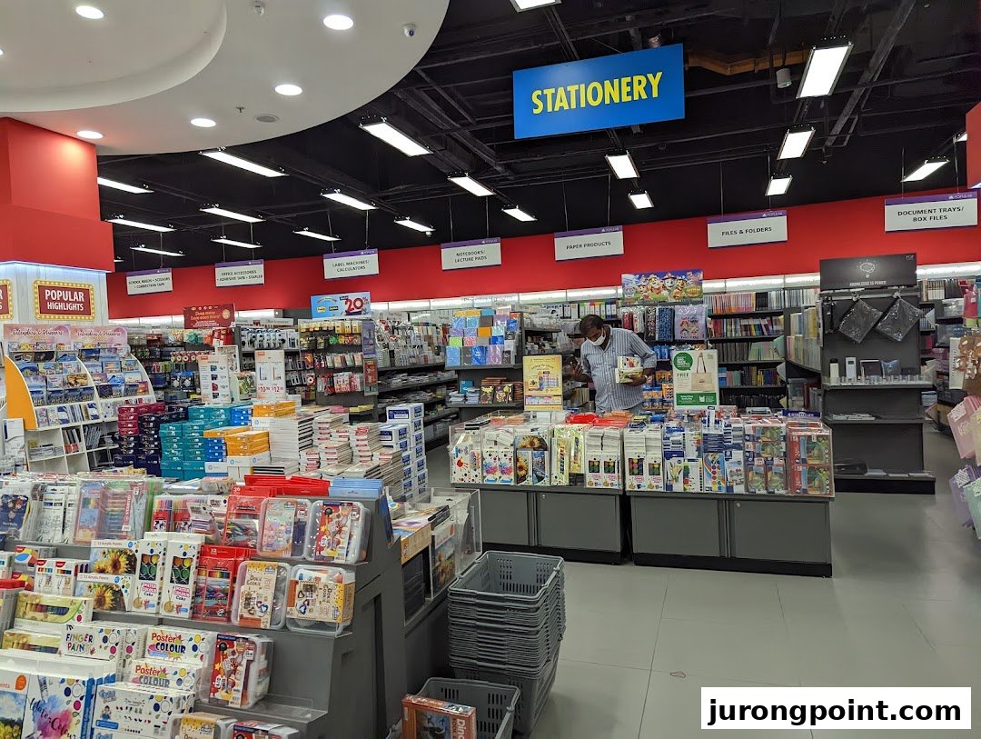 An interior view of POPULAR Bookstore, showcasing a wide array of stationery and books.