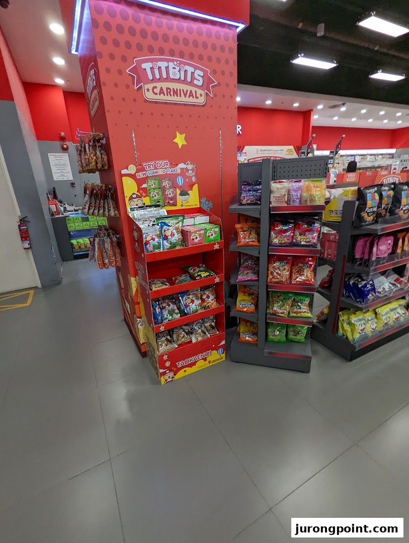 Vibrant snack displays and promotional stands inside a retail store, featuring Titbits Carnival and Taokaenoi products.