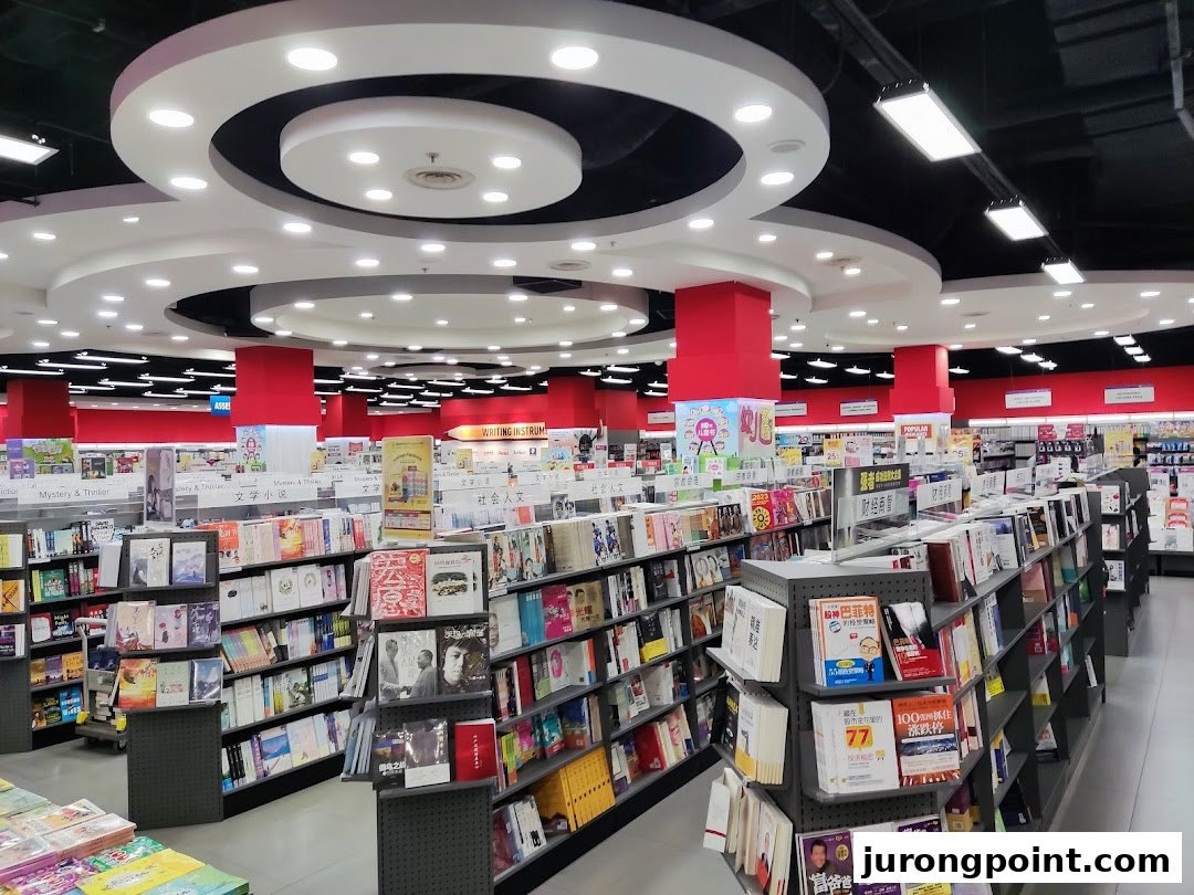 Interior view of a spacious bookstore with numerous shelves filled with books and bright lighting.
