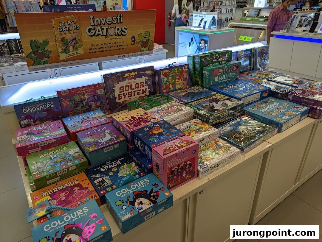A vibrant display of children's educational books, puzzles, and activity sets at POPULAR Bookstore.