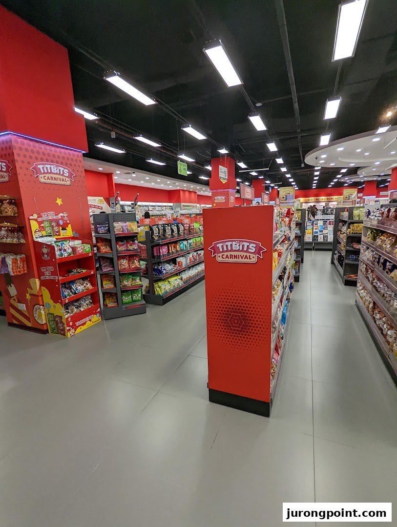 Interior view of a retail store aisle with shelves stocked with various snacks and products.