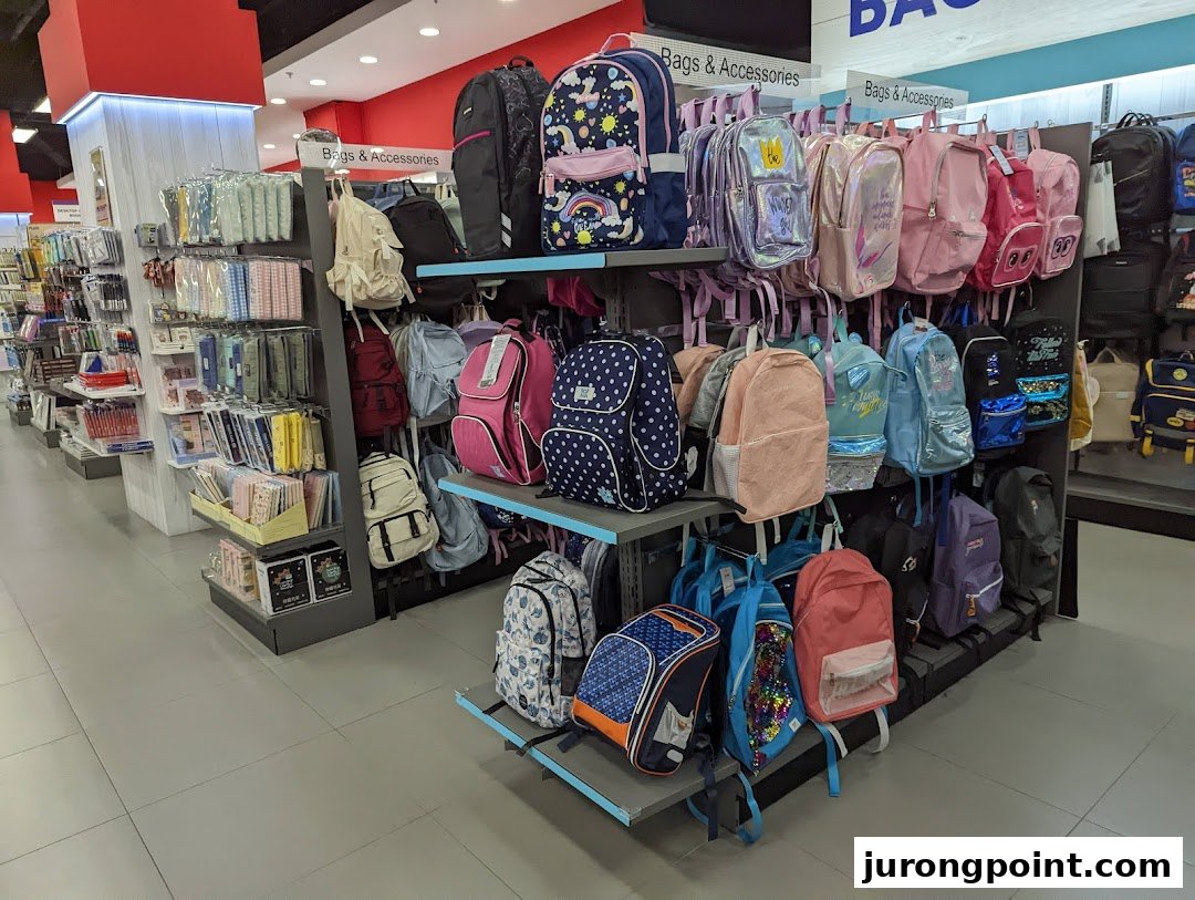 An interior shot of POPULAR Bookstore showcasing a wide array of bags and stationery.