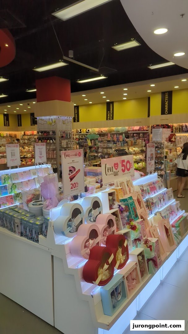 Interior view of POPULAR Bookstore, featuring gift displays, stationery, and plush toys.