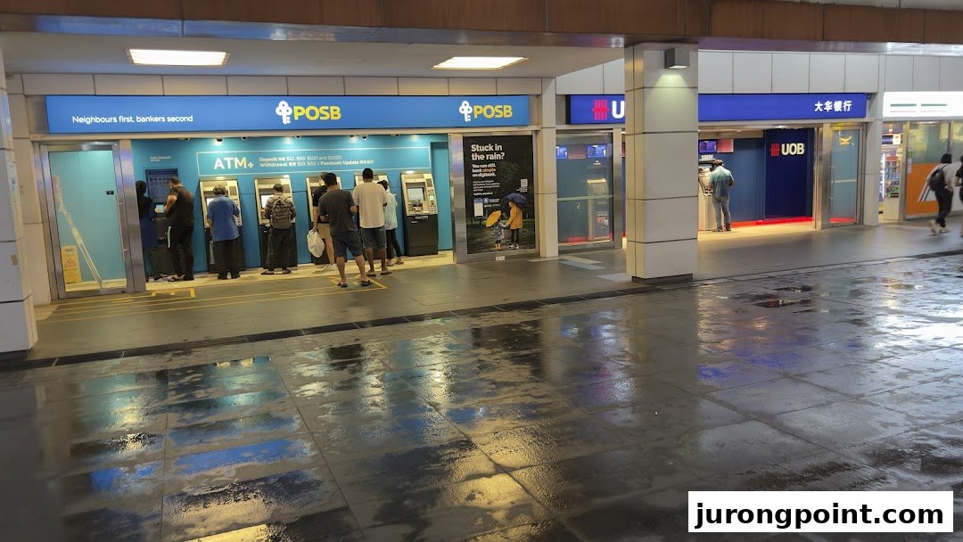 People use ATMs at the POSB and UOB banking facilities in Jurong Point.