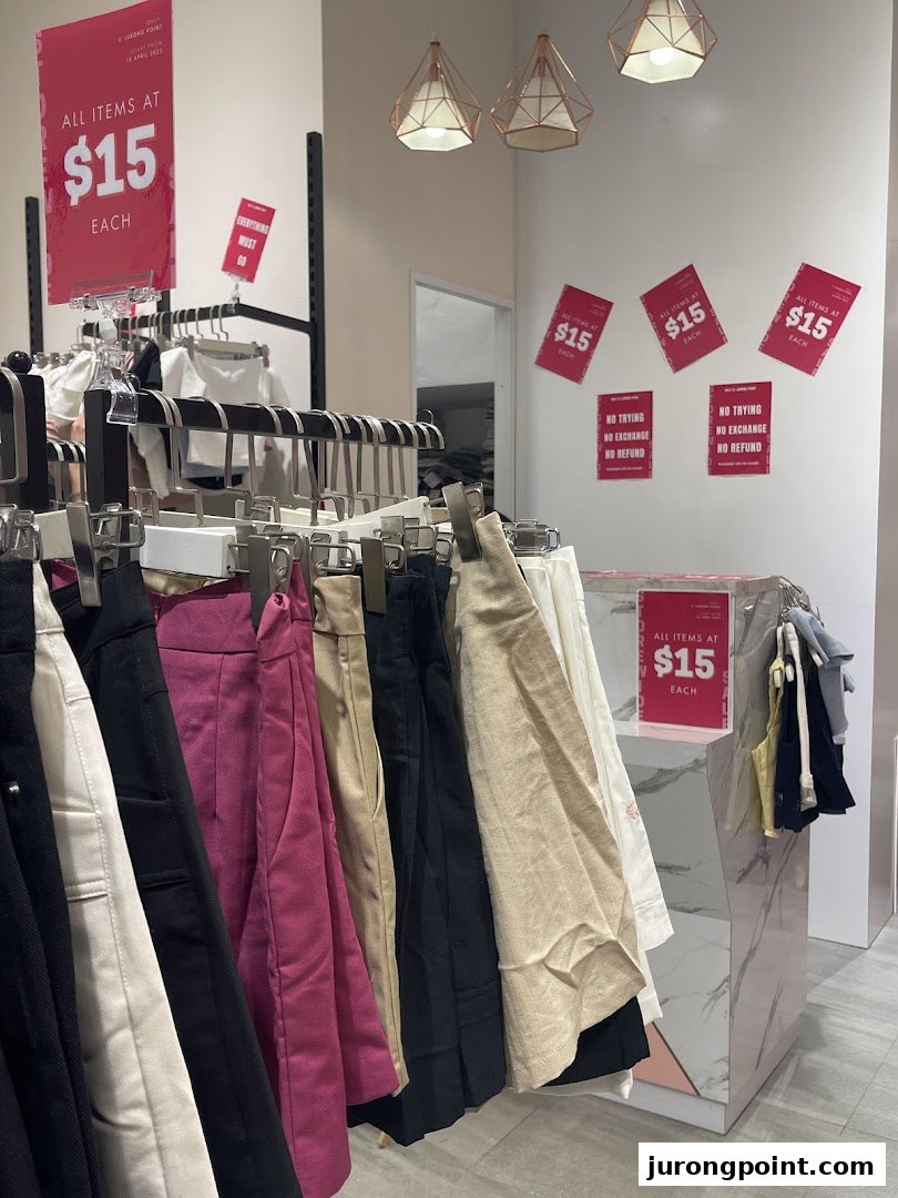Interior view of Purpur showcasing clothing racks with items on sale for $15 each.