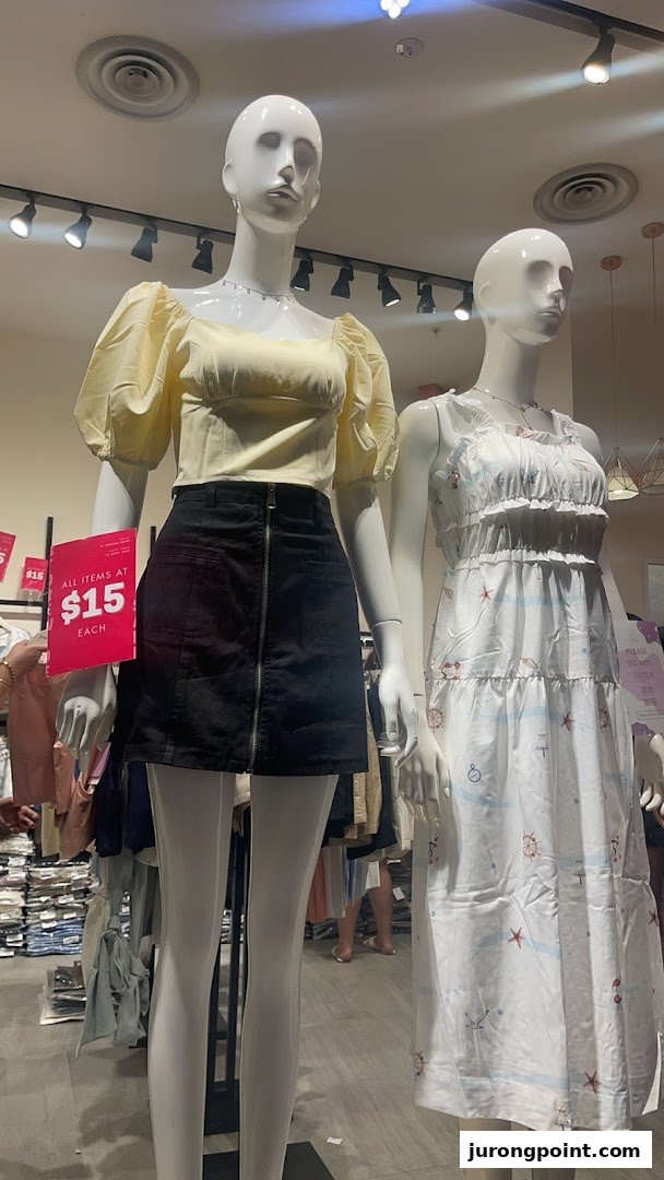 Two mannequins display trendy clothing, including a yellow puff-sleeve top, black skirt, and a white patterned dress, with a sale sign.