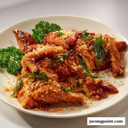 A golden-brown fried chicken dish, garnished with crispy crumbs and fresh herbs, served on a white plate.