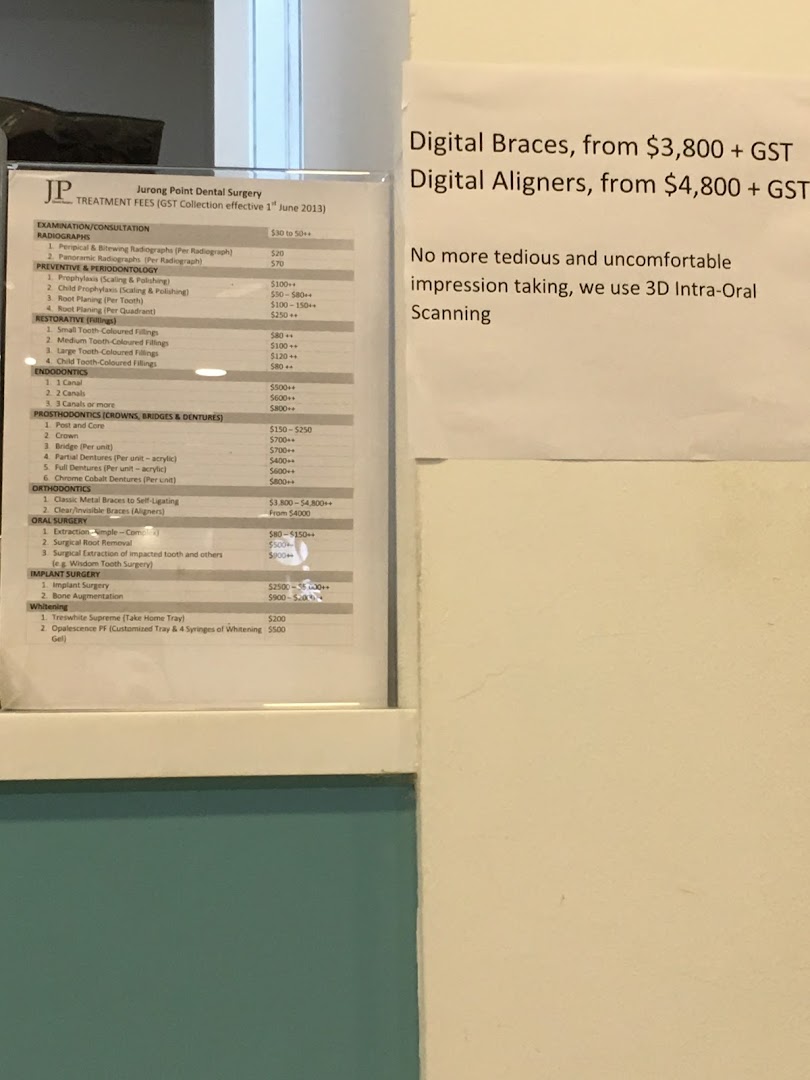A detailed price list for dental treatments and services, including information on digital braces and aligners.