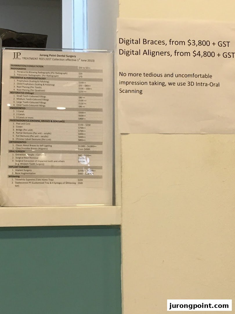 A detailed price list for dental treatments and services, including information on digital braces and aligners.