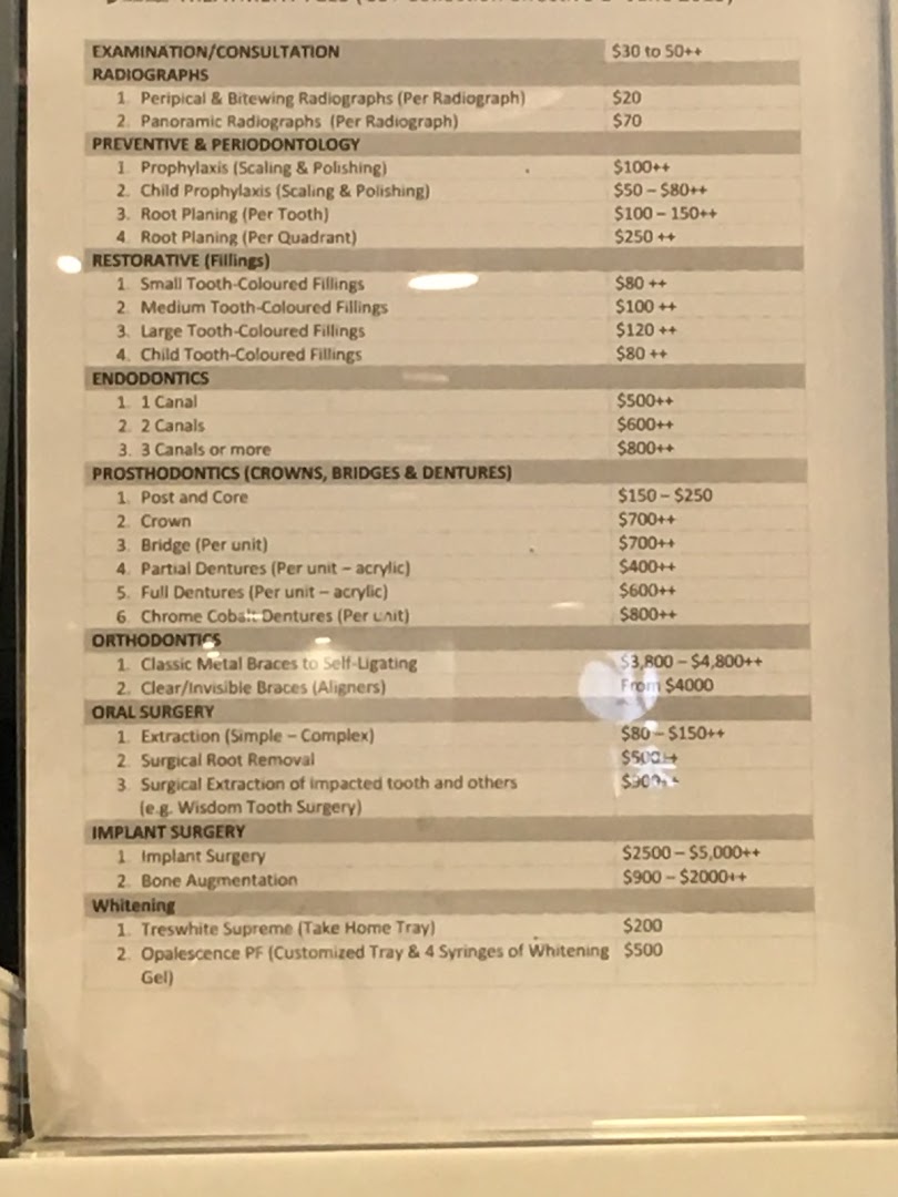 A detailed price list for various dental services offered at Q M Dental Surgery Jurong West.
