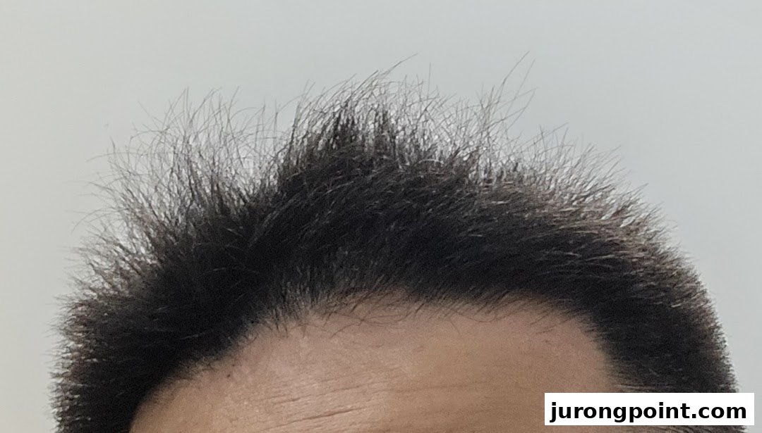 A close-up of a person's dark, textured hair and forehead, showcasing a fresh haircut.