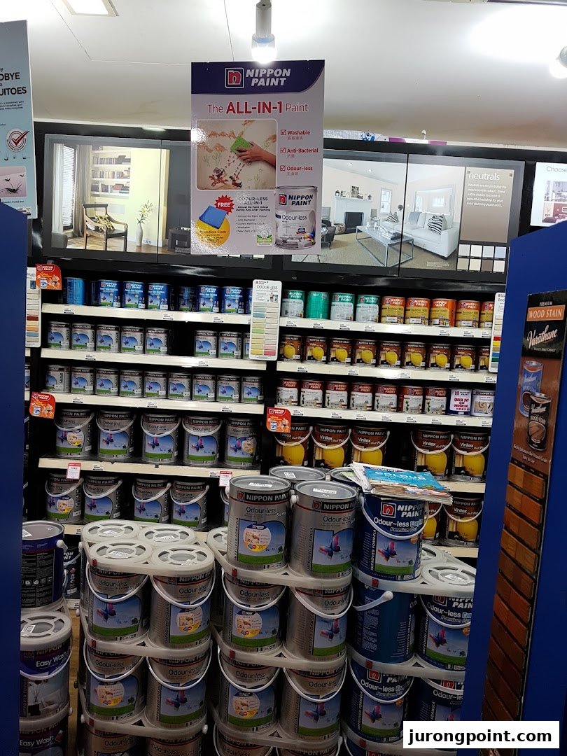 Interior view of Selffix DIY displaying various Nippon Paint products, including 'Odour-less' and 'Easy Wash' options.