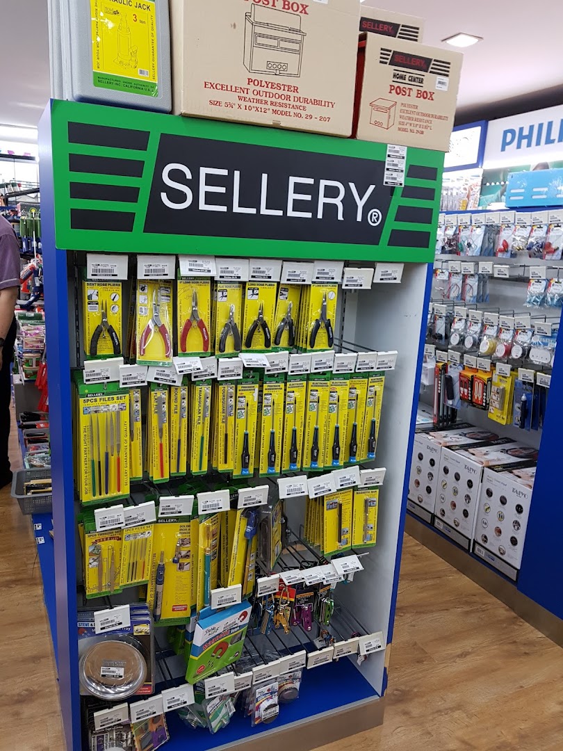 A display stand showcasing various Sellery brand tools and hardware accessories inside Selffix DIY.