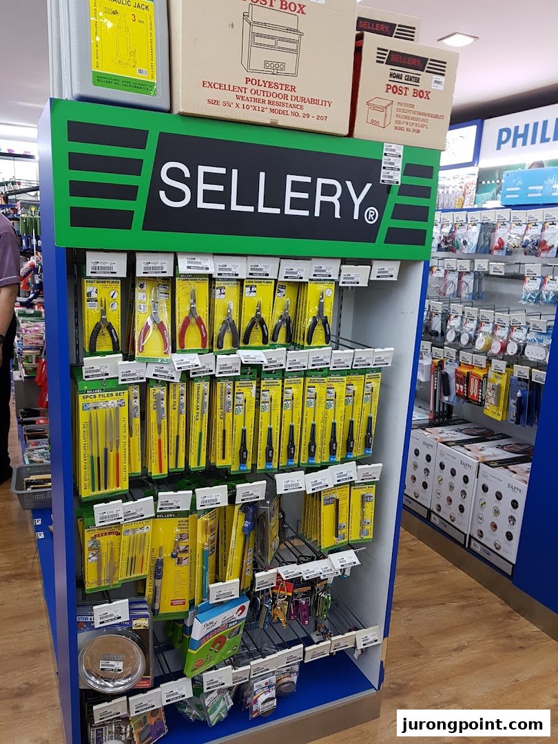 A display stand showcasing various Sellery brand tools and hardware accessories inside Selffix DIY.