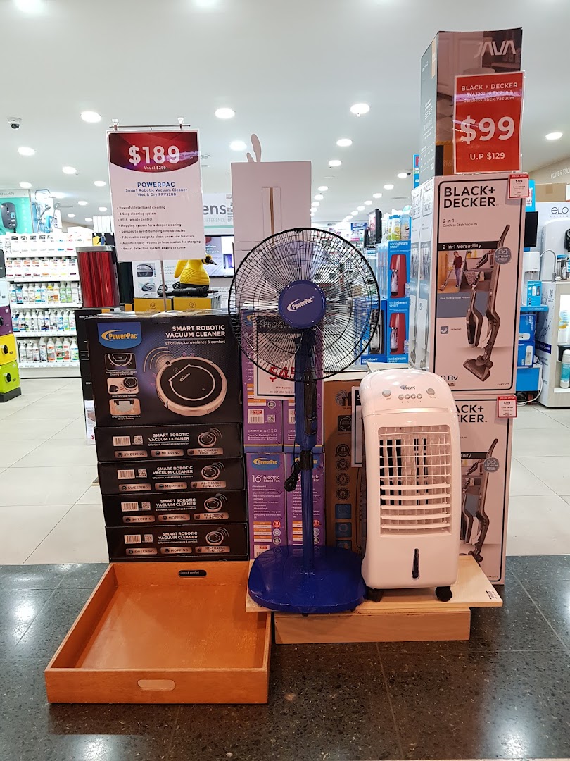 An in-store display featuring smart robotic vacuum cleaners, fans, and air coolers at Selffix DIY.