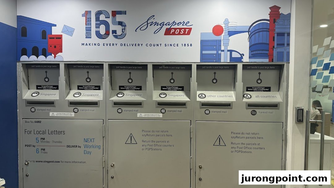 A row of Singapore Post mailboxes and parcel drop-off points for local and international mail.