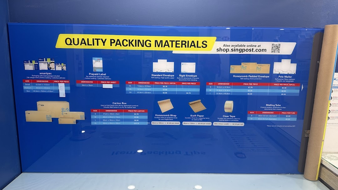 A display board showcasing various packing materials and their prices at Singapore Post.