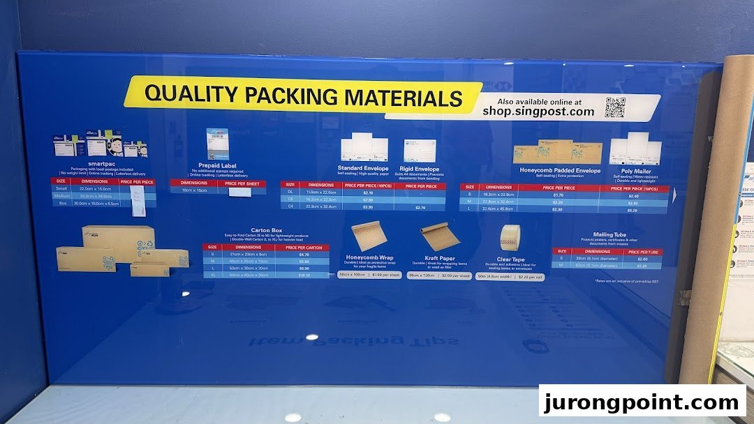 A display board showcasing various packing materials and their prices at Singapore Post.