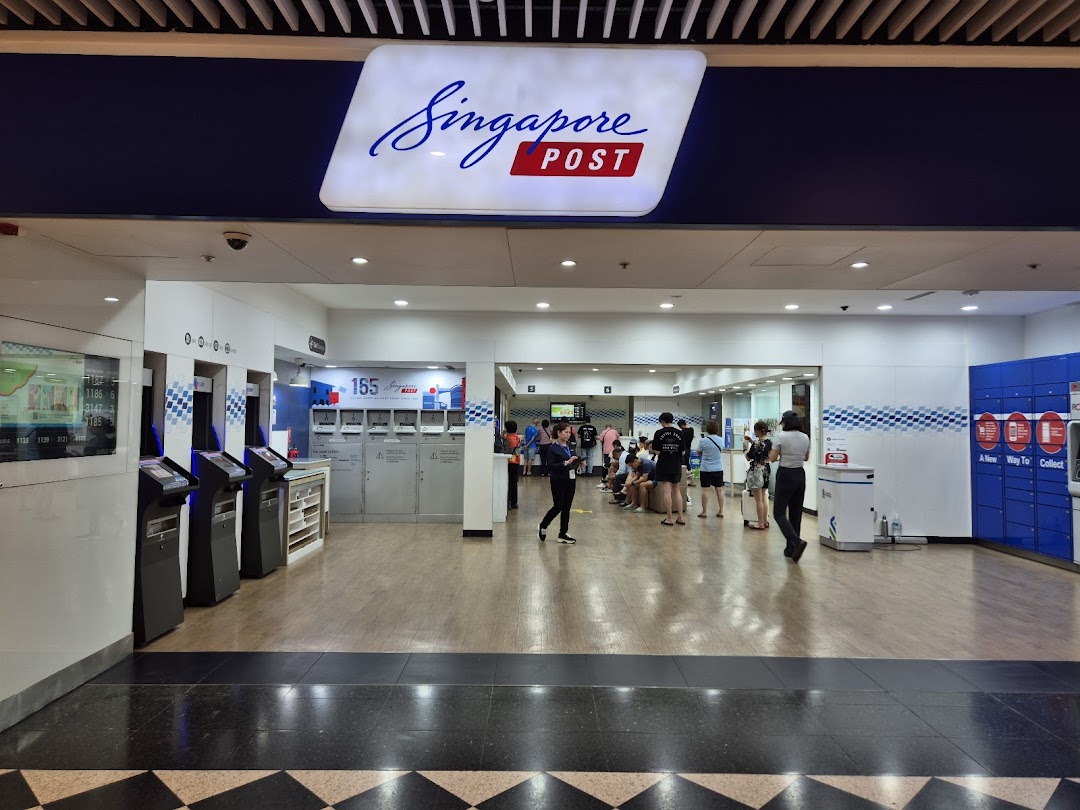 The entrance of Singapore Post branch with self-service kiosks, parcel lockers, and customers inside.