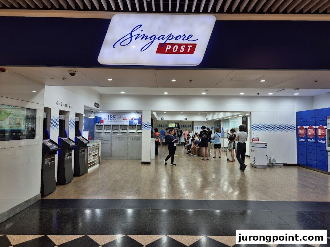 The entrance of Singapore Post branch with self-service kiosks, parcel lockers, and customers inside.
