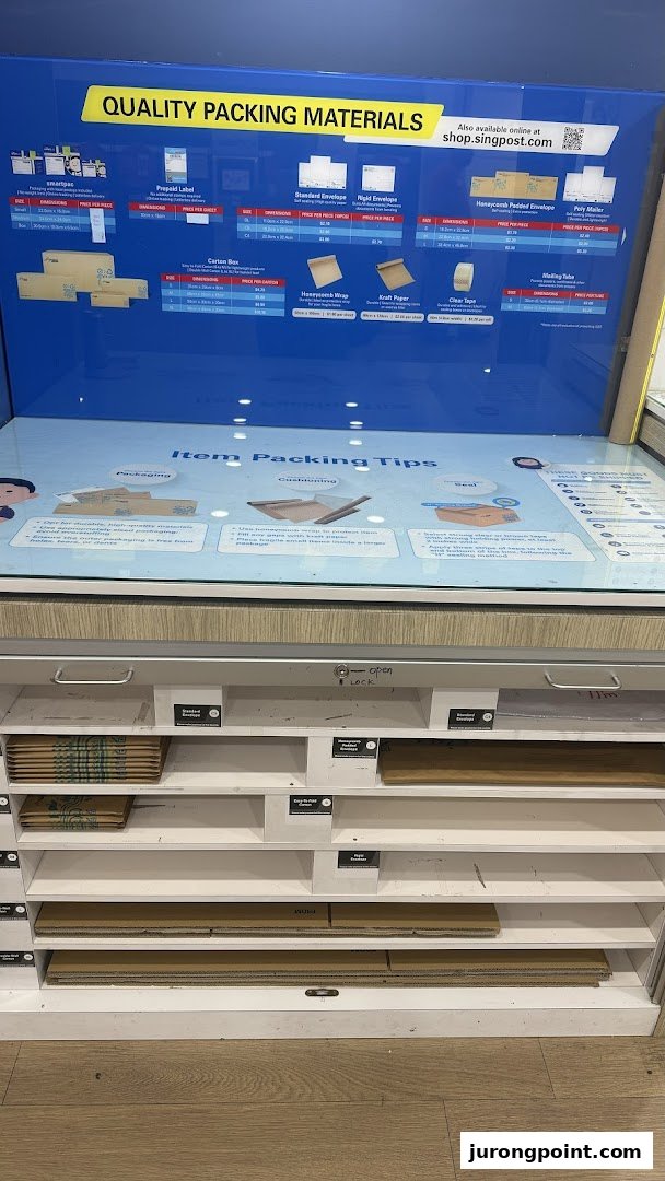 A display stand showcasing various packing materials and their prices at SingPost.