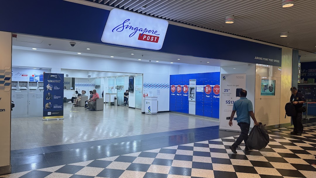 The Singapore Post Jurong Point Branch features a spacious entrance, self-service kiosks, and a waiting area.