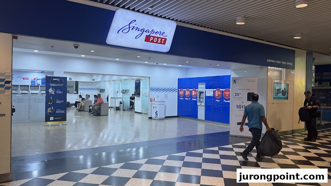 The Singapore Post Jurong Point Branch features a spacious entrance, self-service kiosks, and a waiting area.