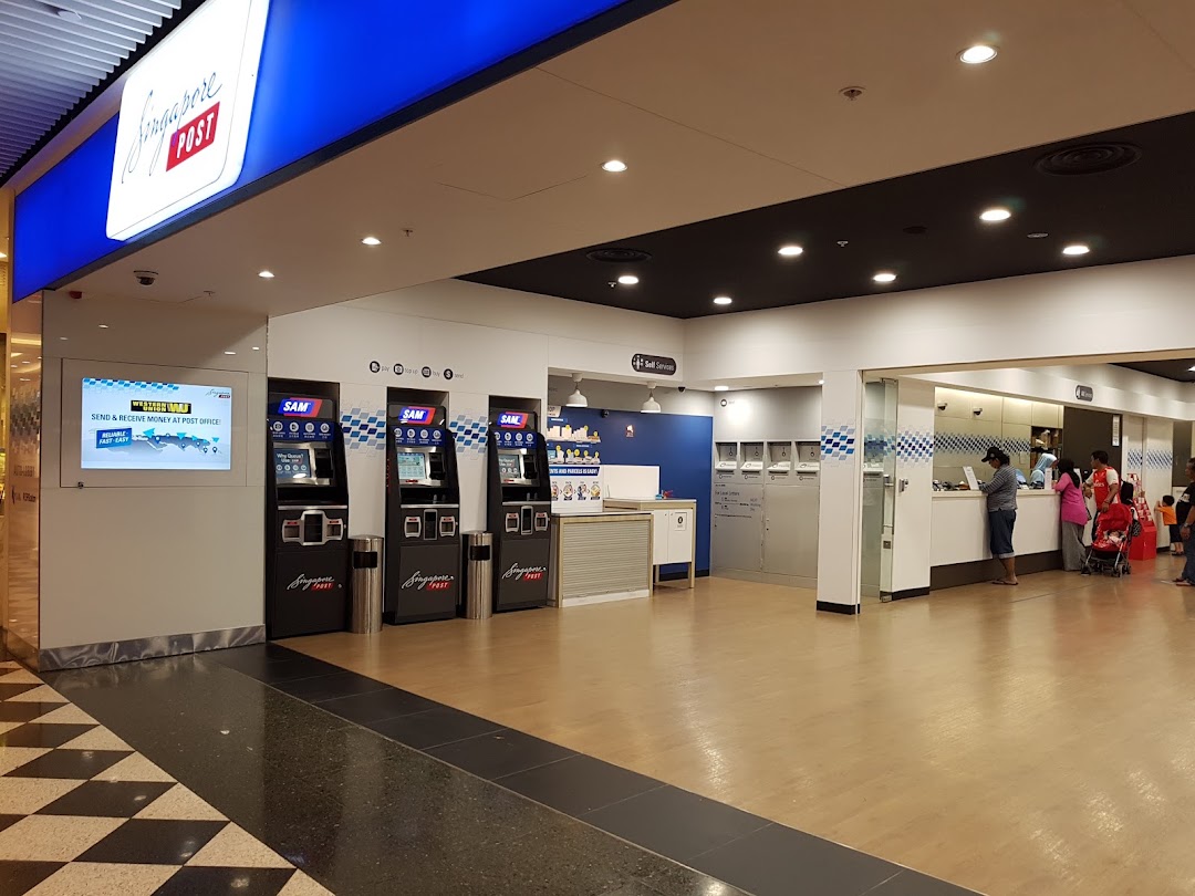 The entrance of Singapore Post at Jurong Point, featuring self-service SAM machines and service counters.