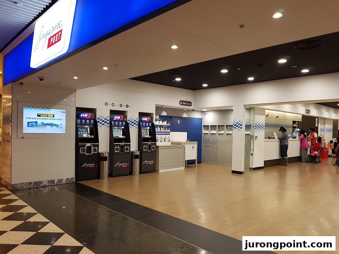 The entrance of Singapore Post at Jurong Point, featuring self-service SAM machines and service counters.
