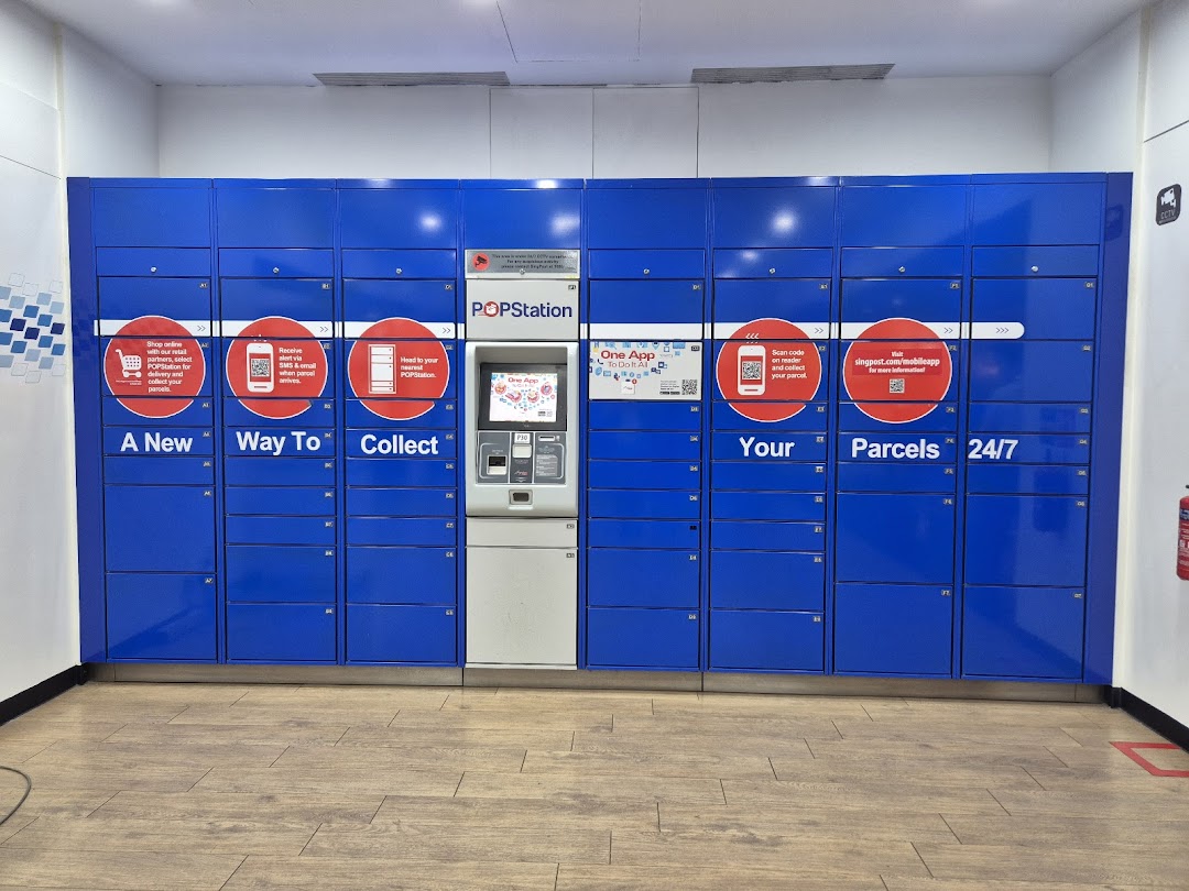 A bright blue POPStation parcel locker system for 24/7 collection.