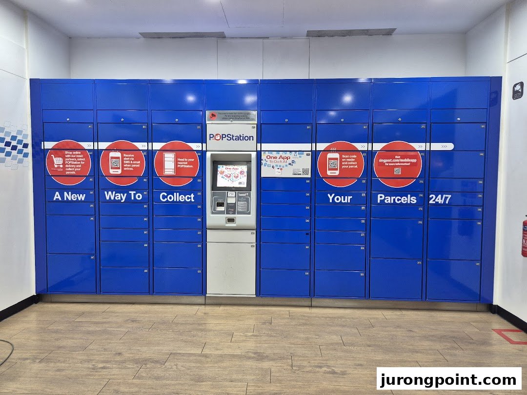 A bright blue POPStation parcel locker system for 24/7 collection.