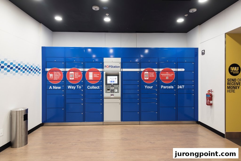 An interior view of Singapore Post's POPStation parcel lockers and a Western Union service point.