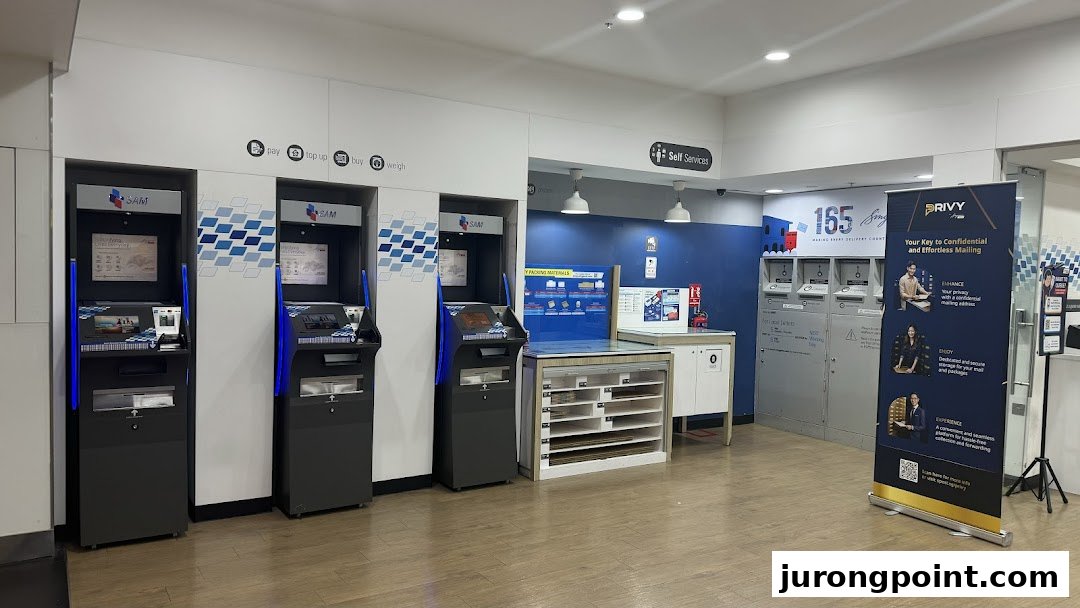 Interior view of Singapore Post's self-service postal kiosks and mailing facilities.