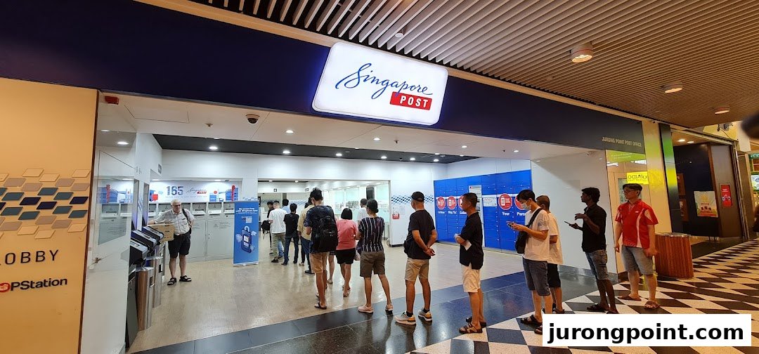 Customers queue inside the Singapore Post Jurong Point branch, offering essential postal services.