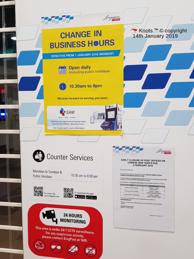 Informational notices for Singapore Post, detailing business hours, counter services, and security.