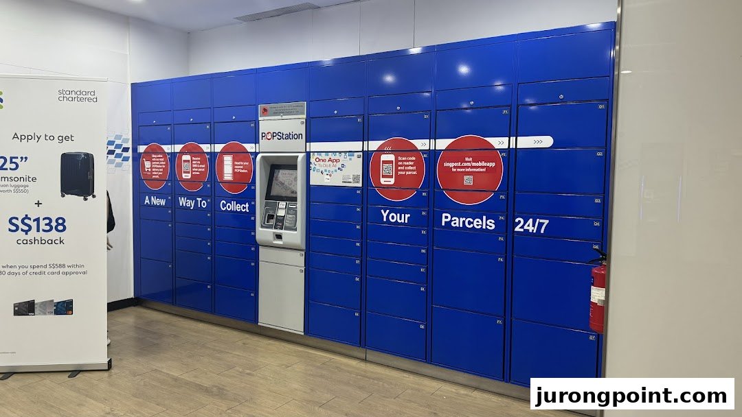 A blue POPStation parcel locker system for 24/7 parcel collection and delivery.