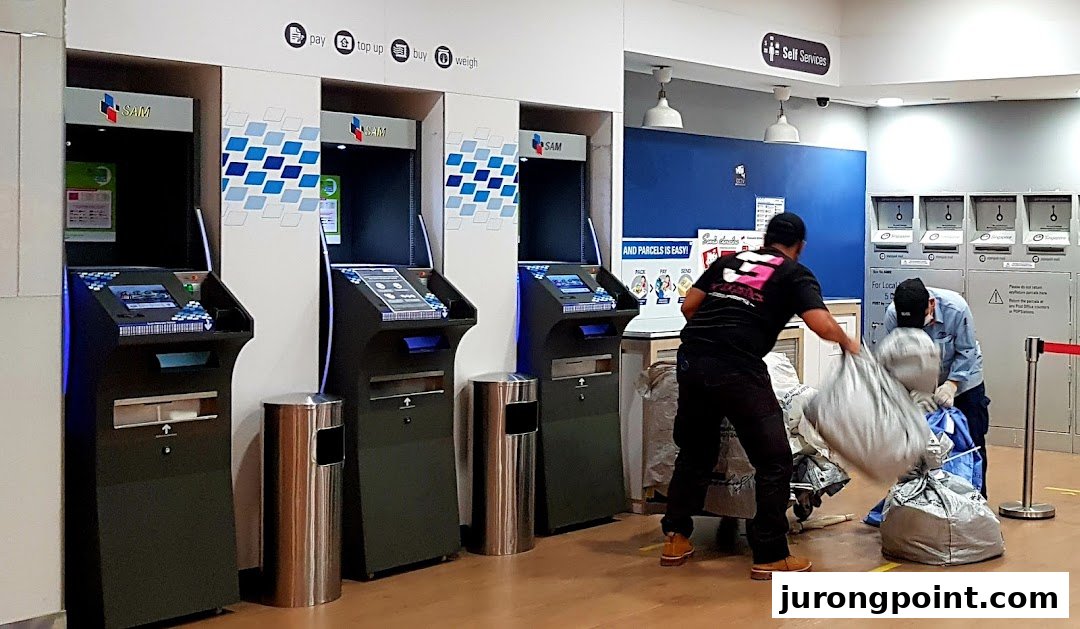 Interior view of Singapore Post's self-service area with SAM machines and staff handling parcels.