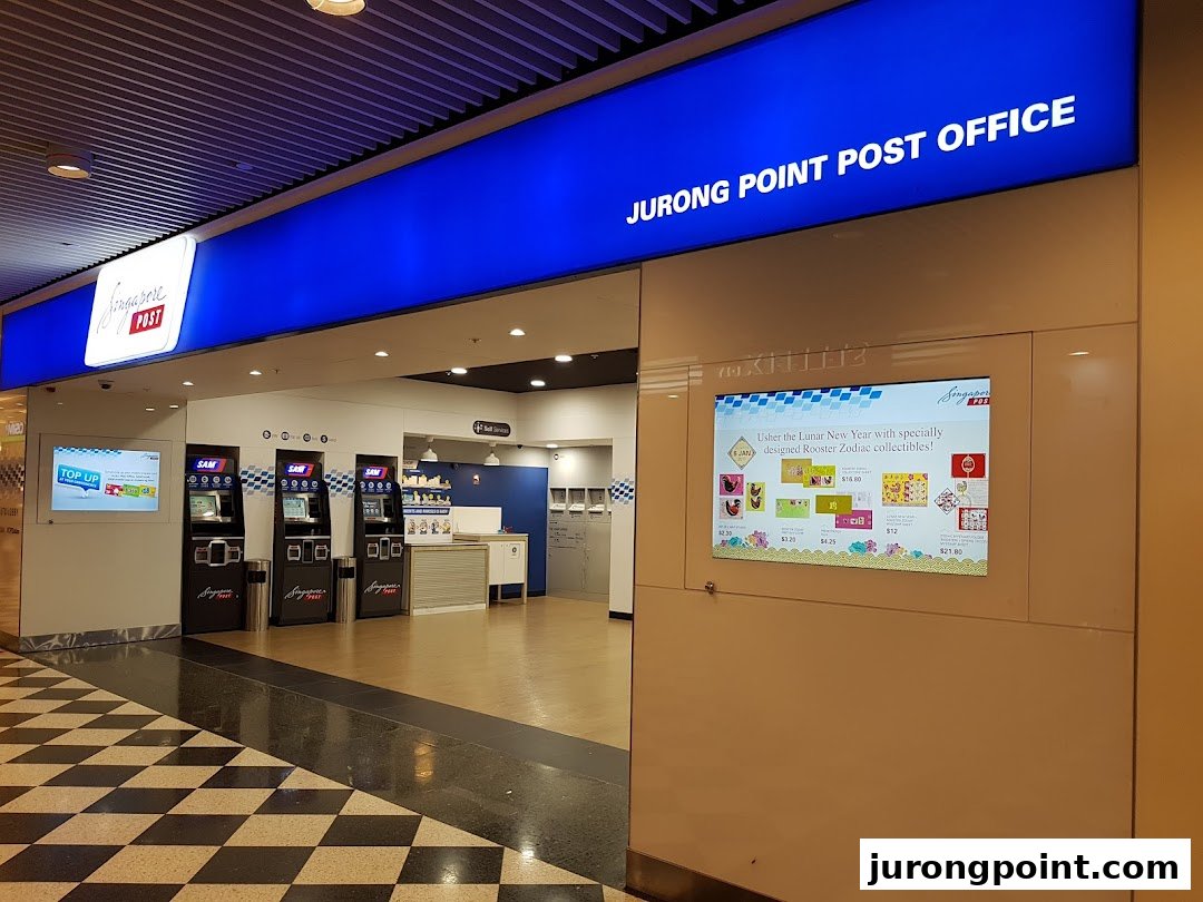 The entrance of Singapore Post at Jurong Point, showcasing self-service machines and a digital display.