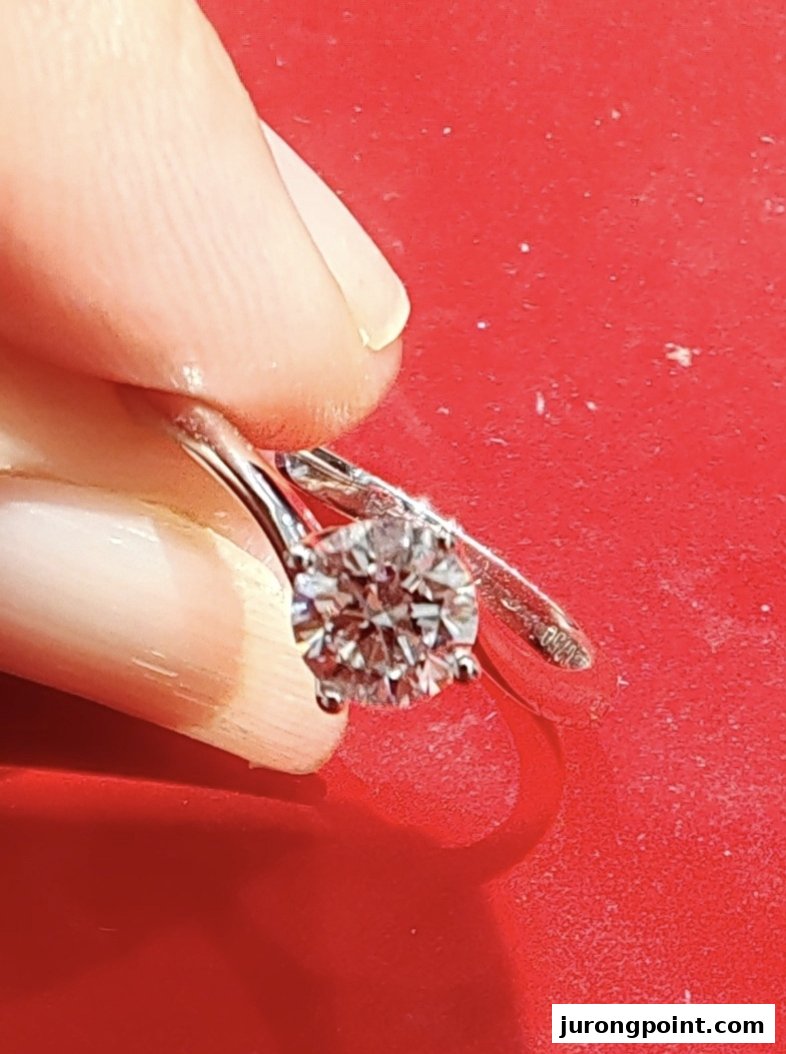 A hand holds a sparkling diamond ring against a vibrant red background.