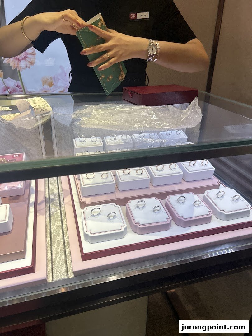 A staff member at SK Gold prepares an item at a display counter filled with rings.