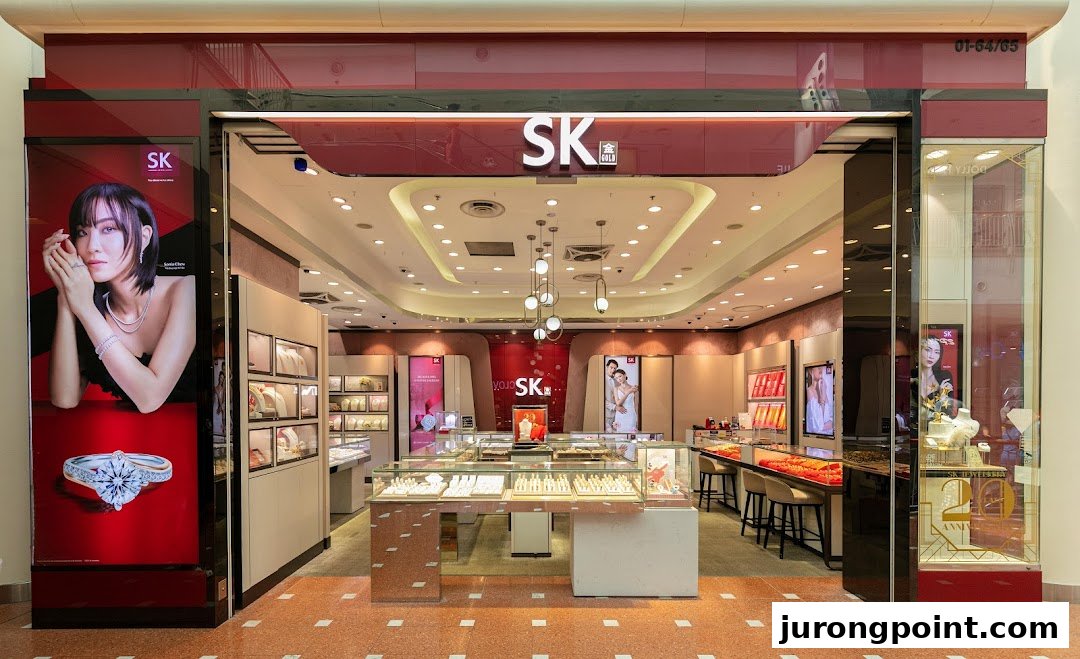 The brightly lit entrance of SK Gold jewelry store, showcasing its elegant interior and display cases.