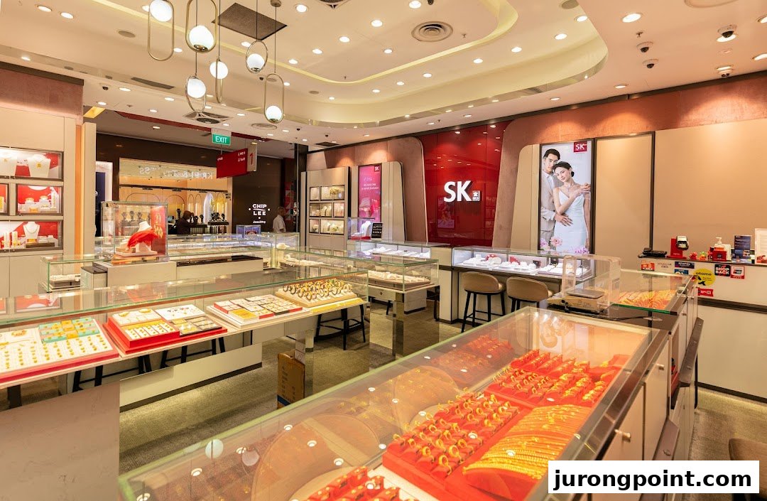 An interior view of SK Gold jewelry store, showcasing numerous display cases filled with gold and precious jewelry.