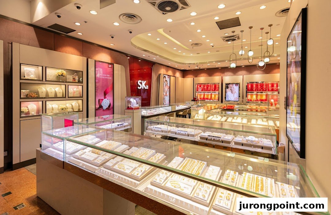 An interior view of SK Gold jewelry store, showcasing numerous display cases filled with gold and silver jewelry.