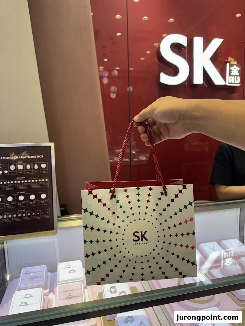 A hand holds an SK Jewellery shopping bag inside the SK Gold store, showcasing display cases.