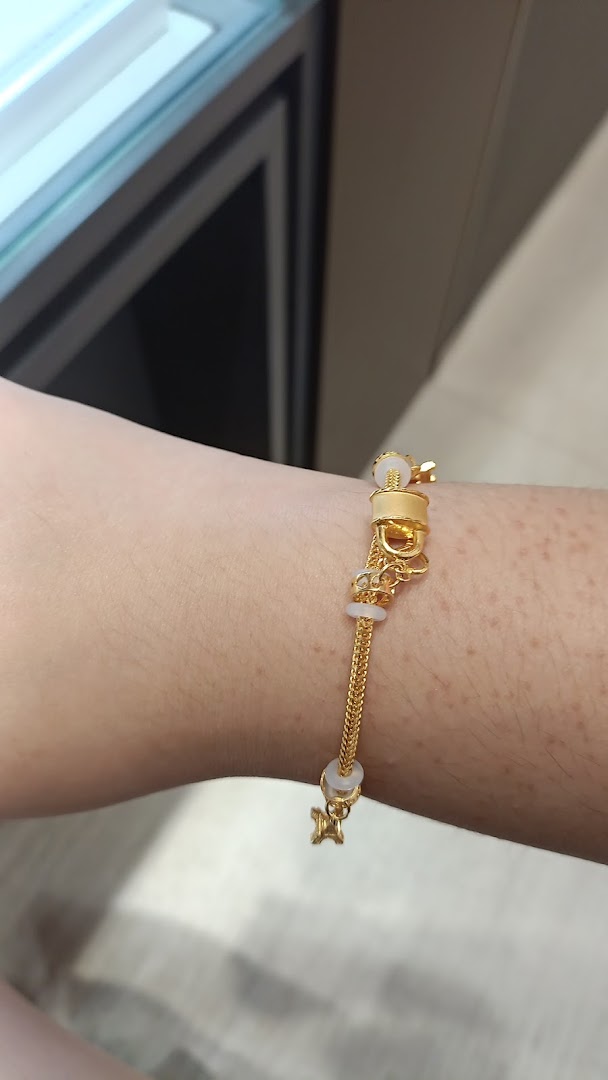 A person's arm wearing a delicate gold bracelet with white and gold charms.