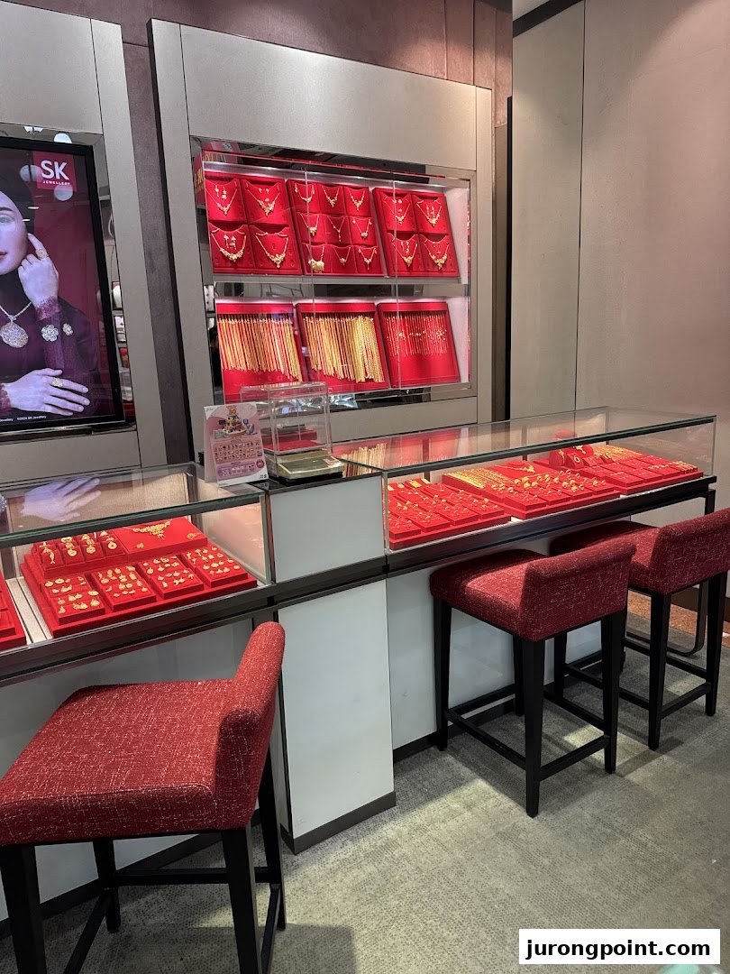 Interior view of SK Gold jewelry shop showcasing gold necklaces, bracelets, and rings in display cases.
