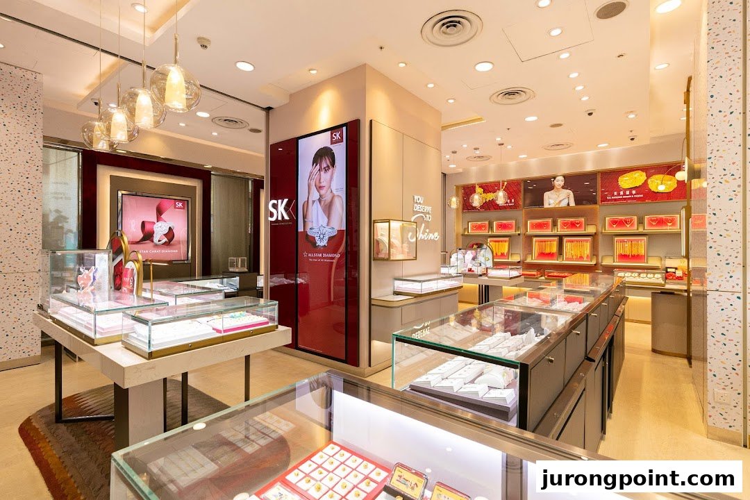 Interior view of SK Jewellery shop showcasing display cases filled with various jewellery pieces and promotional screens.